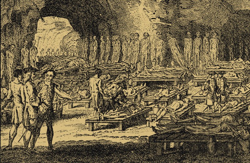 Drawing of Guanches in a burial cave Dead